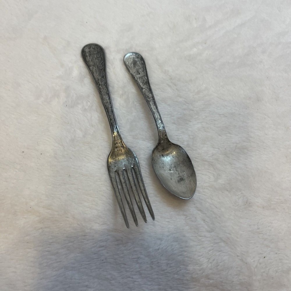 Vintage Children's Toy Fork &‎ Spoon WBW with Girl & Bear On Handles 2 Piece Set
